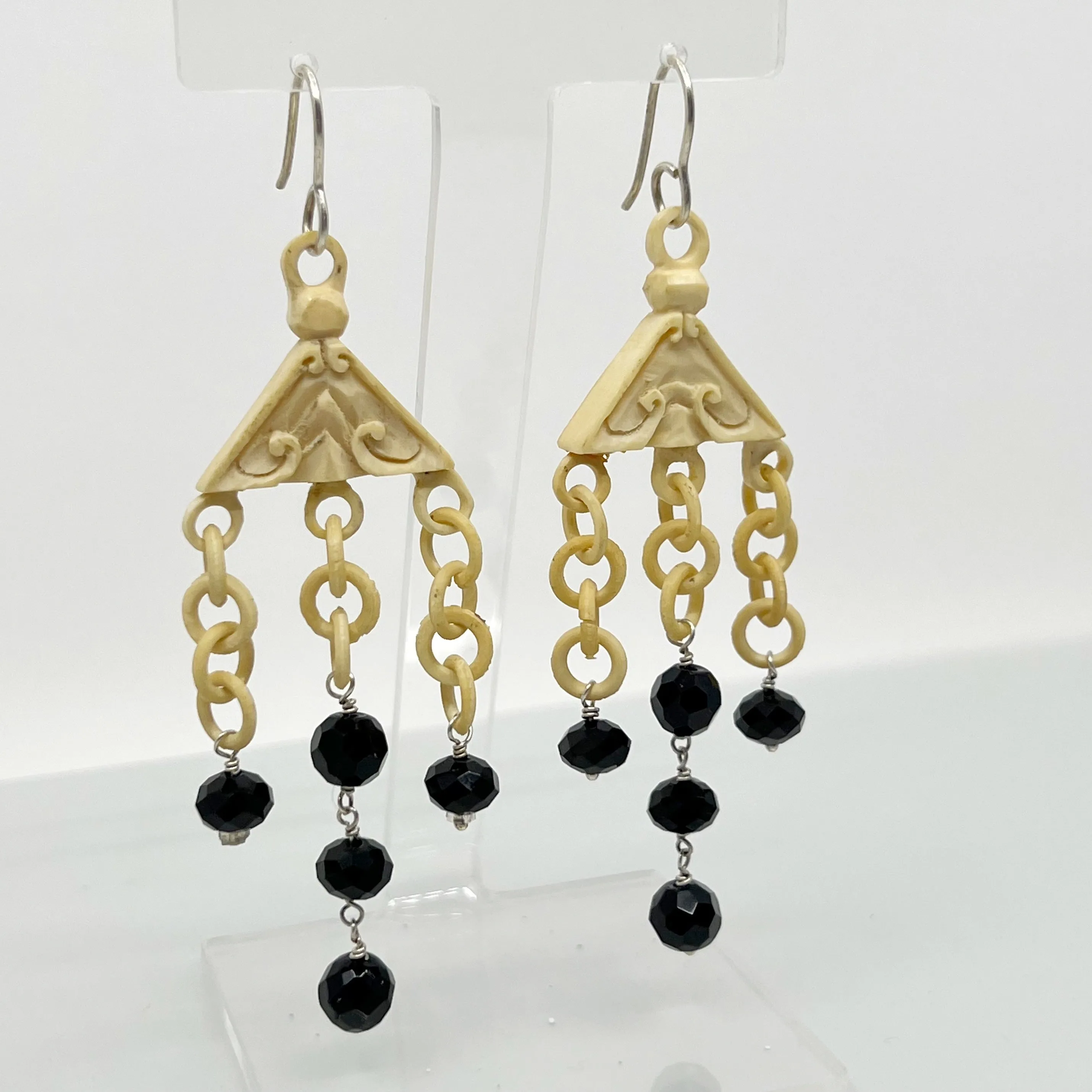 Vintage Chinese Sterling silver bone & onyx chandelier earrings GM180