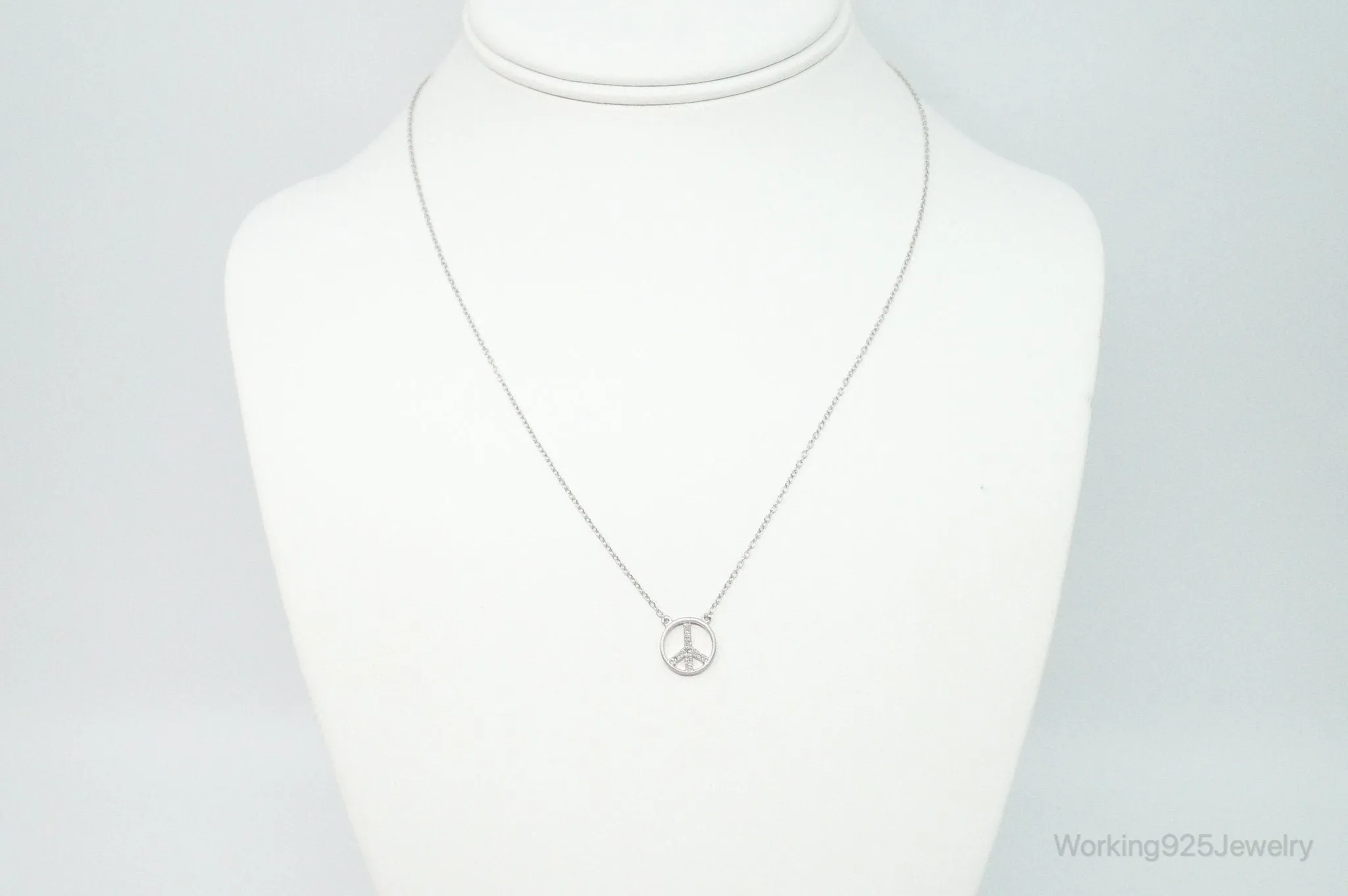 Vintage Cubic Zirconia Peace Sign Sterling Silver Necklace