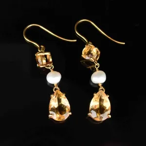 Vintage Gold Pearl Citrine Drop Earrings