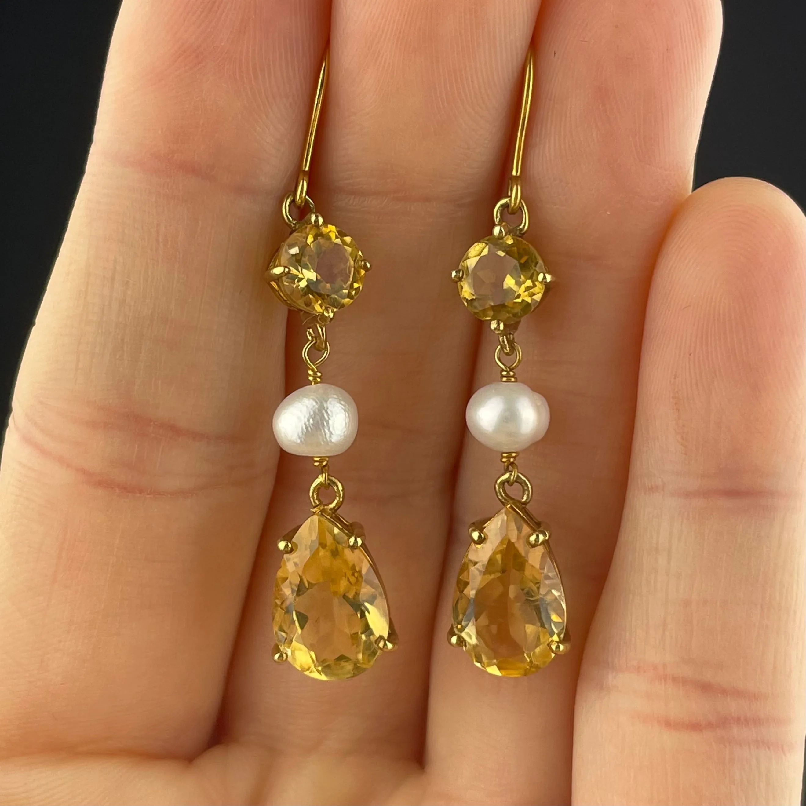 Vintage Gold Pearl Citrine Drop Earrings