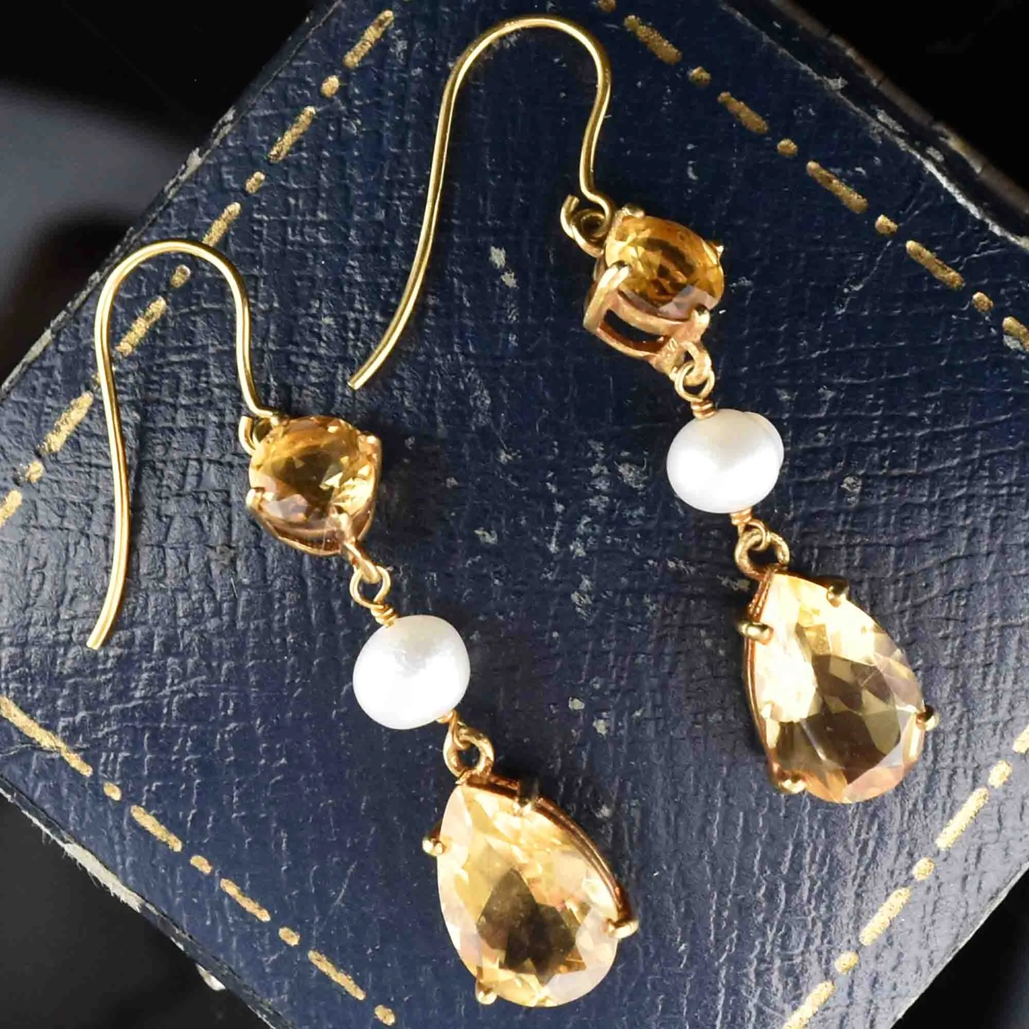 Vintage Gold Pearl Citrine Drop Earrings