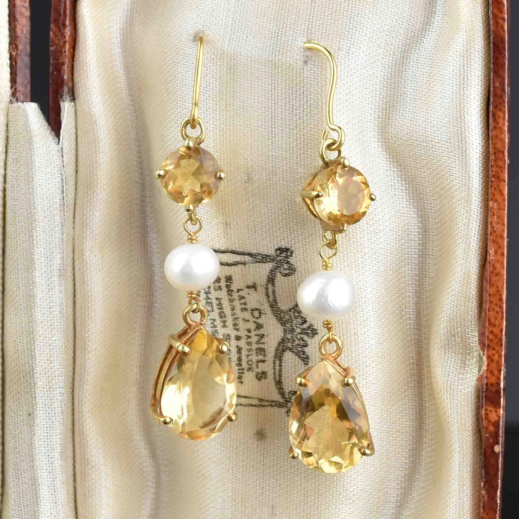 Vintage Gold Pearl Citrine Drop Earrings