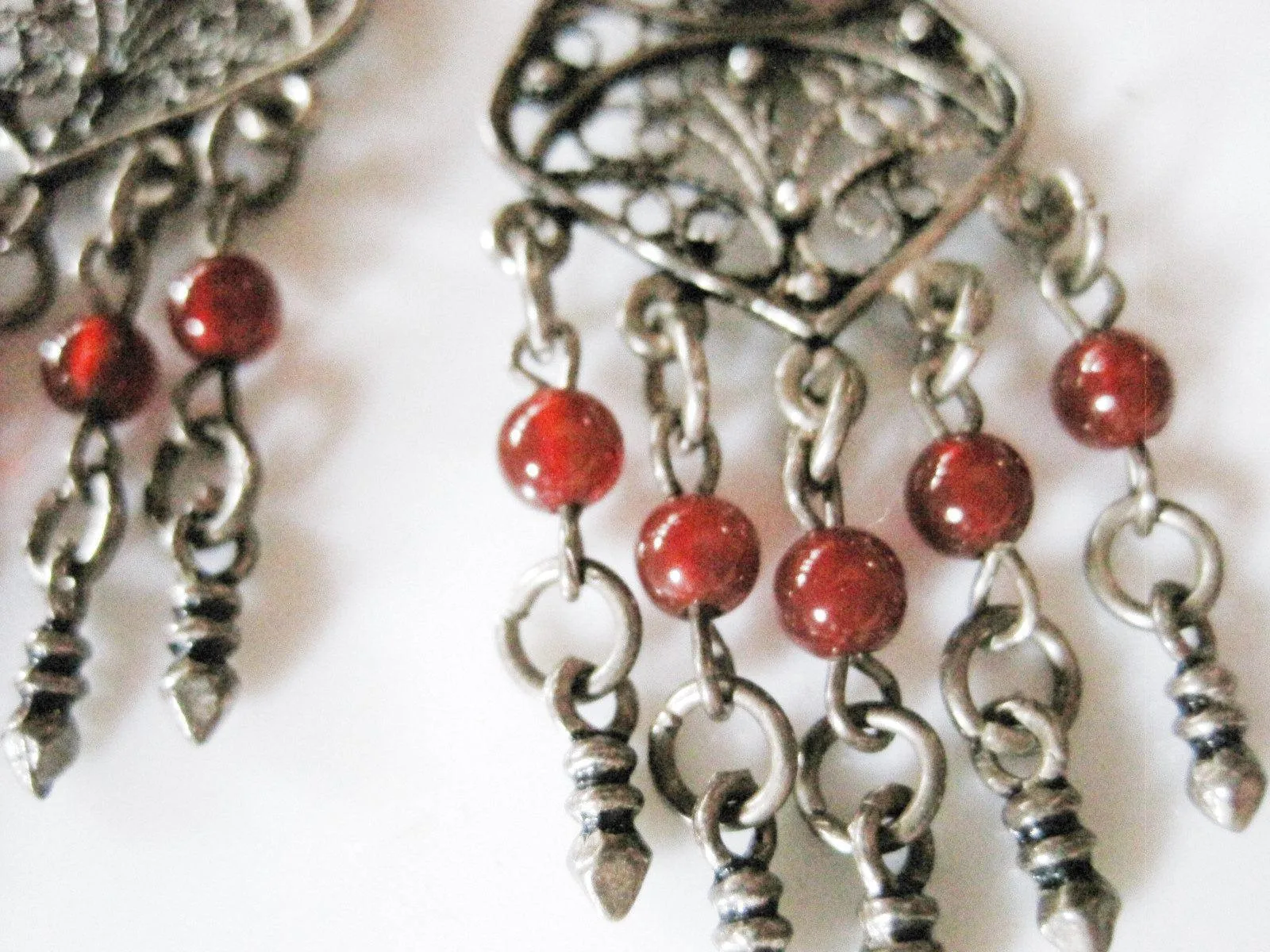 Vintage Middle Eastern Sterling Silver and Carnelian Boho Dangle Earrings