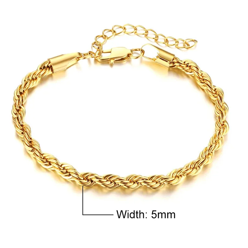 Vnox Women's Chic Rope Chain Bracelets, Anti Allergy Twisted Stainless Steel Wrist Chain, 2/3/4/5mm Width,Length Adjustable