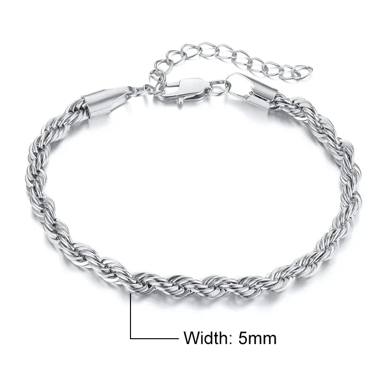 Vnox Women's Chic Rope Chain Bracelets, Anti Allergy Twisted Stainless Steel Wrist Chain, 2/3/4/5mm Width,Length Adjustable