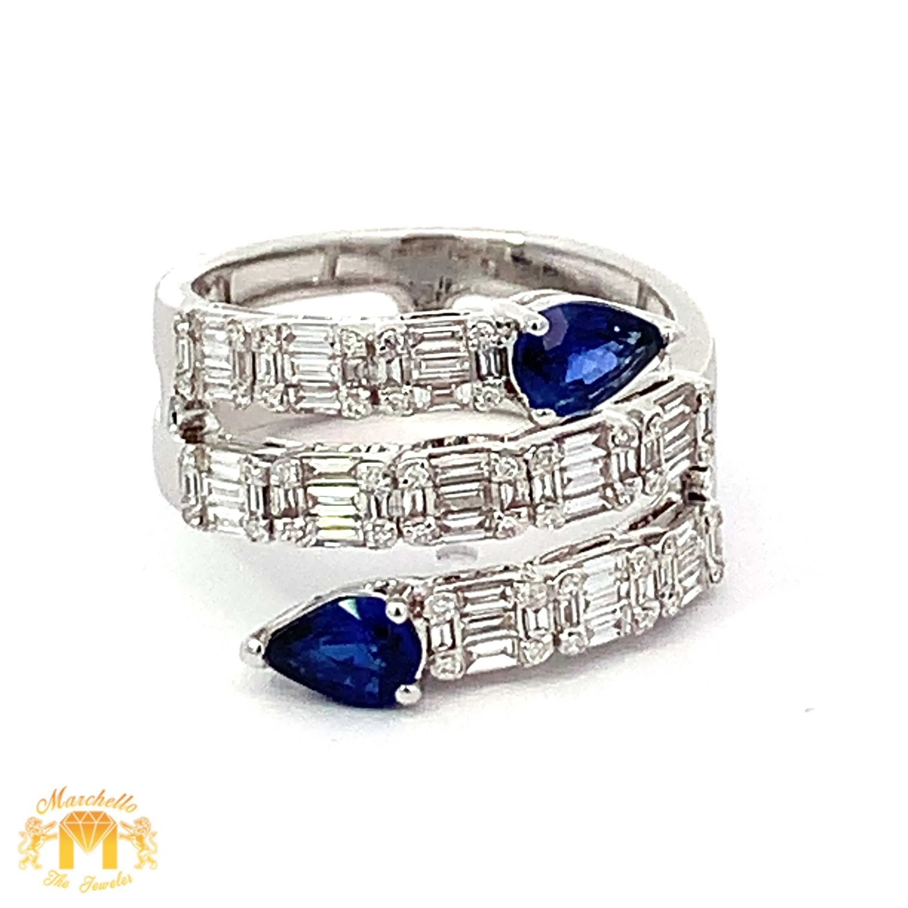 VVS/vs EF color high clarity diamonds set in a 18k Gold Stack Blue Sapphire Ring with Baguette Diamonds