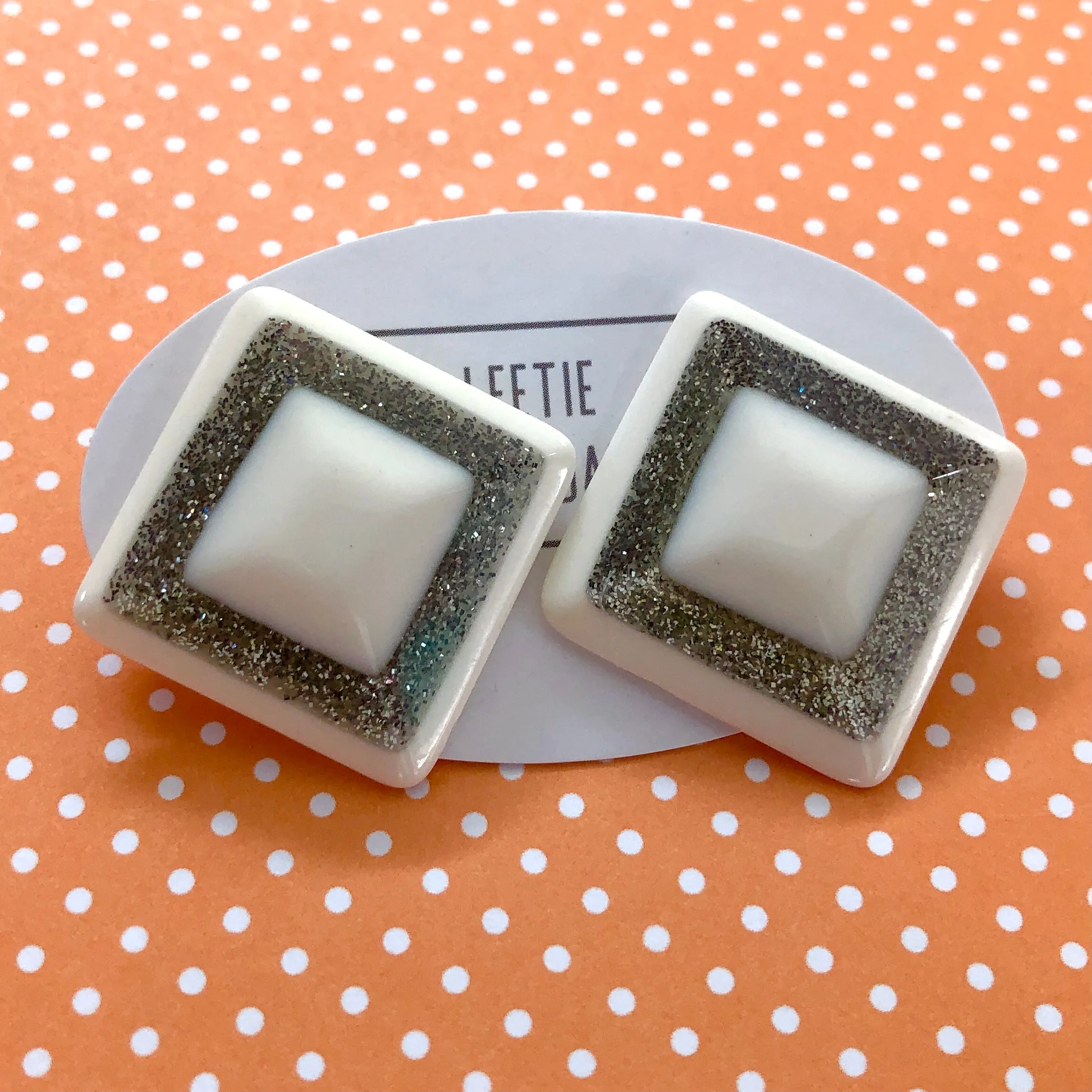 White Sparkle Square Stud Earrings