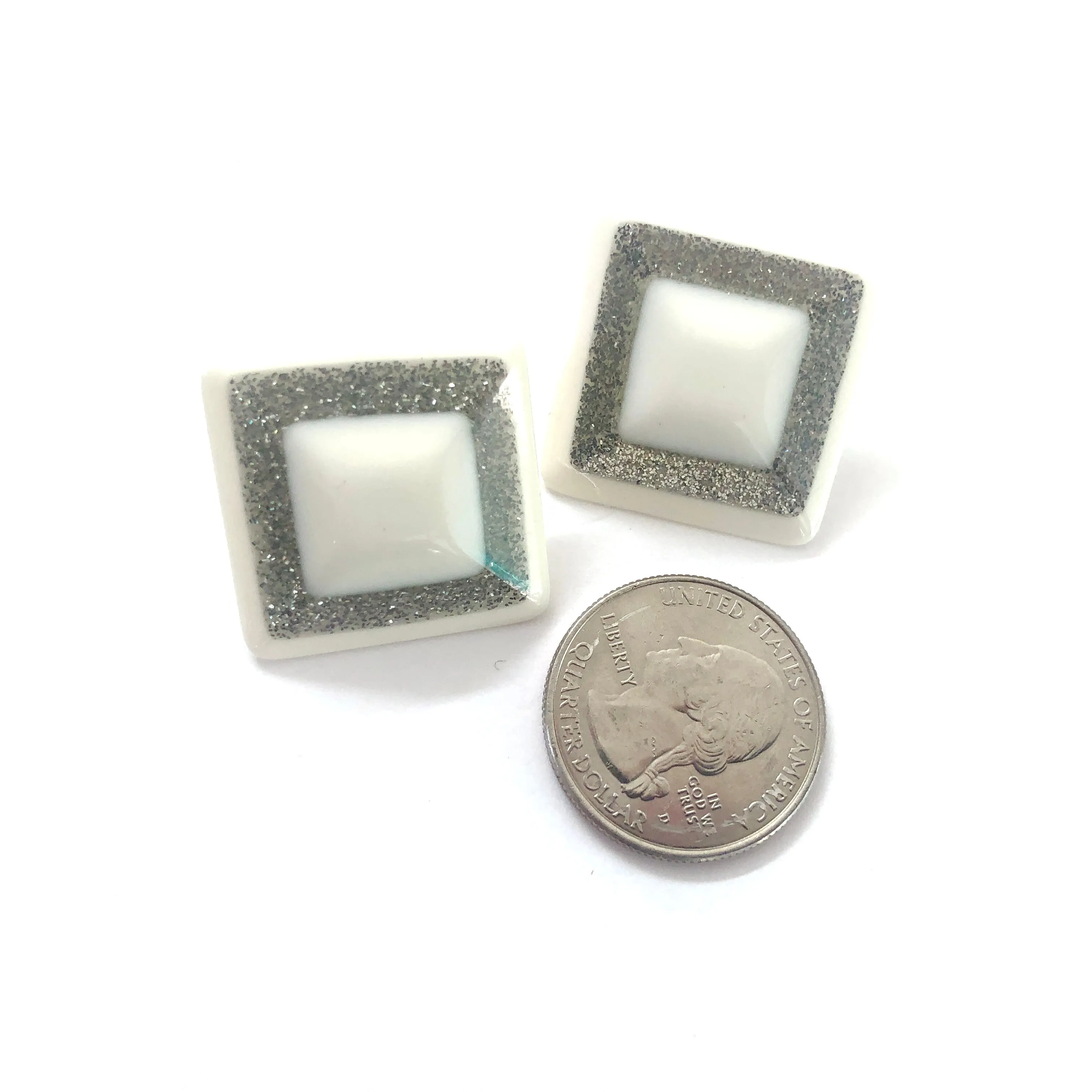 White Sparkle Square Stud Earrings