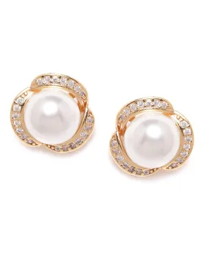 Zaveri Pearls Splendid Gold Tone Shimmering Cubic Zirconia & Pearl Stud Earring For Women-ZPFK9471