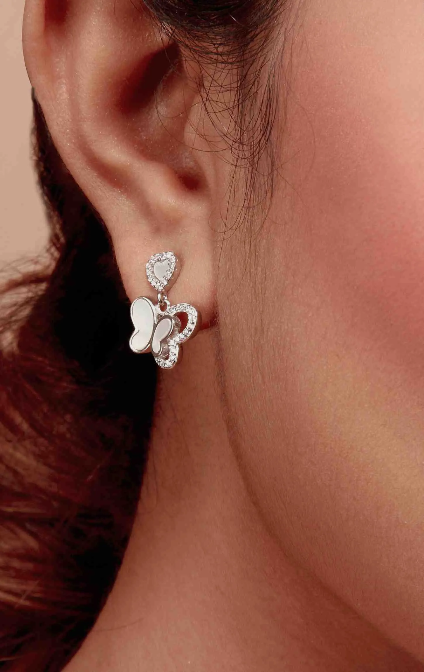 Zircon MOP Dangling Butterfly Earring Silver